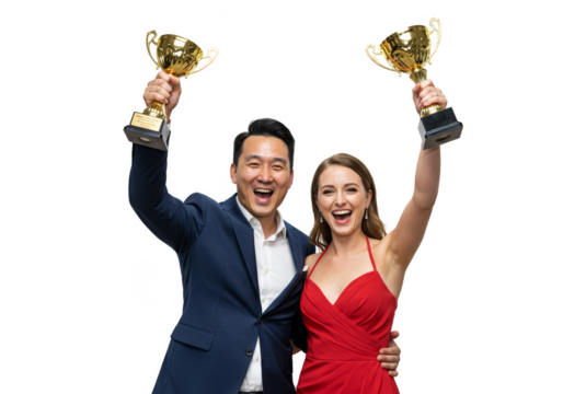 Celebrating Achievement Two Winners Holding Trophies Illustration PNG