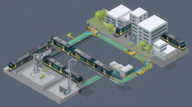 Urban transportation system with multiple train lines and stations.