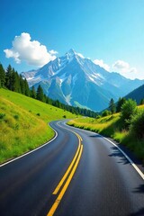 Winding Asphalt Road Through Vibrant Green Landscape Towards Distant Mountains Under a Clear Blue Sky - Perfect for Travel, Adventure, and Nature Projects