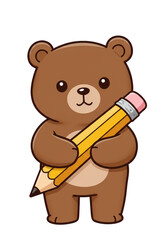 Cute Cartoon Bear Holding Pencil Illustration with Transparent Background