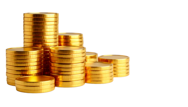 Golden Coin Stacks Representing Wealth and Financial Investment Against Black Background Isolated Transparent Background - Powered by Adobe
