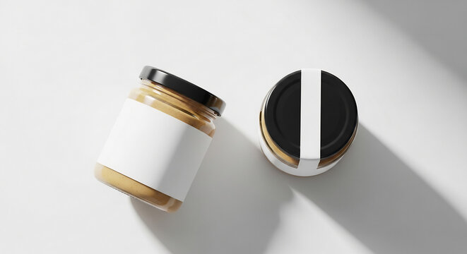 Two Glass Jars with Peanut Butter and Black Lids White Labels. For Mockup Product.