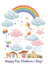 Fototapeta premium Cute Happy Children Day Illustration Clouds Rainbow Transparent Design