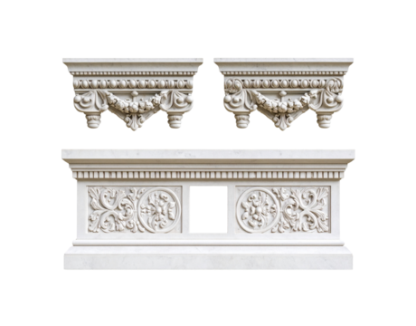Ornate White Marble Fireplace Mantel with Floral Carvings and Decorative Brackets.