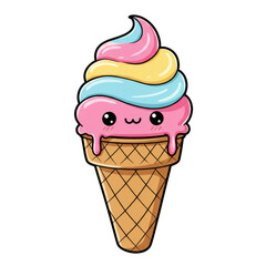 Cute Kawaii Ice Cream Cone Cartoon Sweet Dessert Isolated Treat