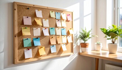 Corkboard filled with sticky notes, color coded pins, moodboard, faceless workspace, creative background