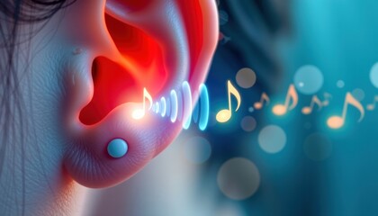 Meditation in urban life concepts. Close-up of an ear with sound waves and musical notes visualized around it.