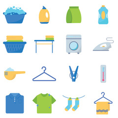 Colorful Flat Laundry Icon Set – Washing Machine, Detergent, Iron, Clothes Hanger, Soap, and Cleaning Elements for Housework and Home Chores Design Projects