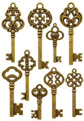 Collection of Golden Ornate Skeleton Keys Isolated Background