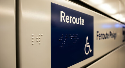 Reroute Sign With Braille And Accessibility Symbol In Public Transportation Setting