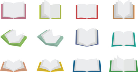 Flat Vector Collection of Open Books in Different Angles and Colors for Study and Editorial Use
