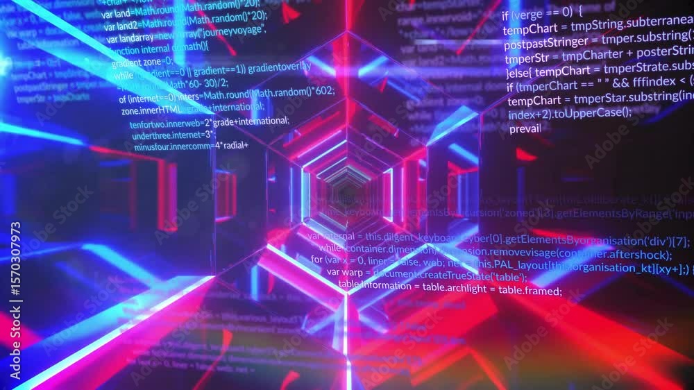 Aufkleber on receiving signal, hexagonal neon tunnel rotating while scrolling code visualizing data flow