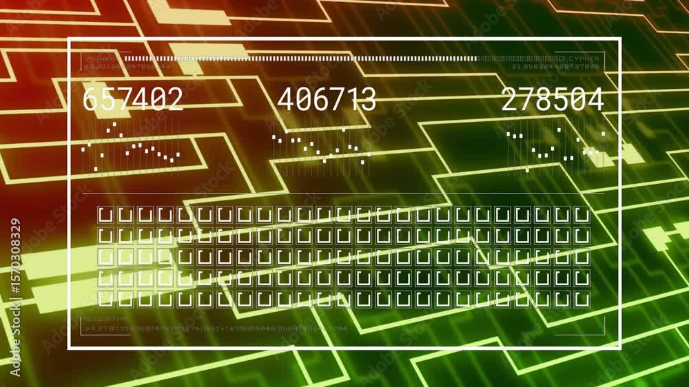 Poster Shifting circuit patterns starting overlay then numeric sparklines updating metrics then fading out