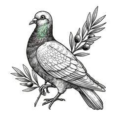 Drawing of Pigeon With Olive Branch Freedom Symbol Illustration