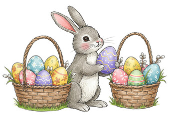 Easter Bunny with Egg Baskets Illustration Spring Holiday Decoration