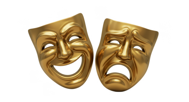 Dramatic Gold Masks Transparent PNG Featuring Theater Comedy Tragedy