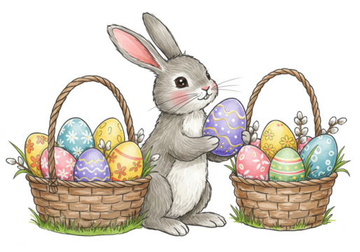 Easter Bunny with Egg Baskets Illustration Spring Holiday Decoration