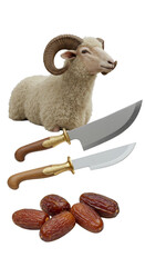 Eid Adha Ram with Sacrifice Knife and Dates Transparent Background
