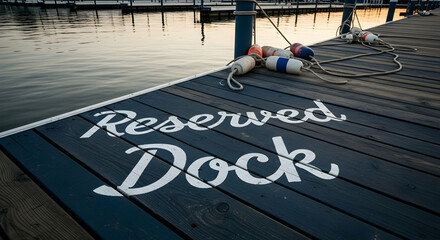Fototapeta premium Reserved Dock Space At Marina At Dusk Creates Nautical Coastal Dockscape