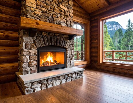 Cozy log cabin fireplace with mountain view