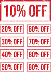 Vector Stamp Set of Red Grunge Labels with 10% to 90% OFF Discount Texts for Sale Promotions
