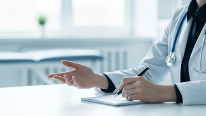 Naklejka premium Doctor in white coat at desk with clipboard gesturing with hand.