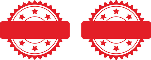 Two Round Red Badge Stamps with Star Decoration and Banner in Flat Vector Style for Promotions and Certificates
