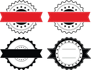 Set of Four Round Vector Badges in Red and Black with Ribbon Banners and Star Decorations for Labels and Promotions