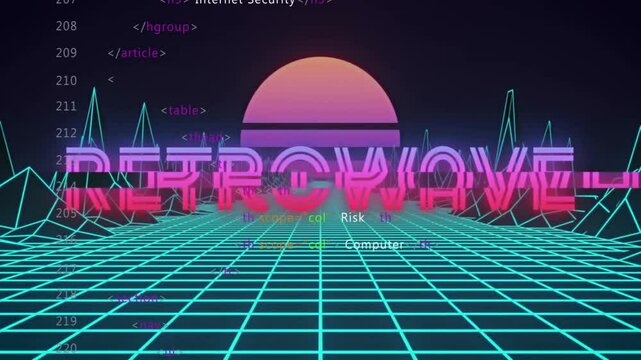 Upon grid rendering neon 3D RETROWAVE emerging pulsing and scrolling HTML for cyber security demo
