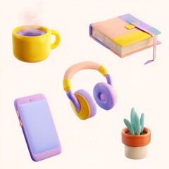 Colorful, cartoonish digital illustration of various everyday items.