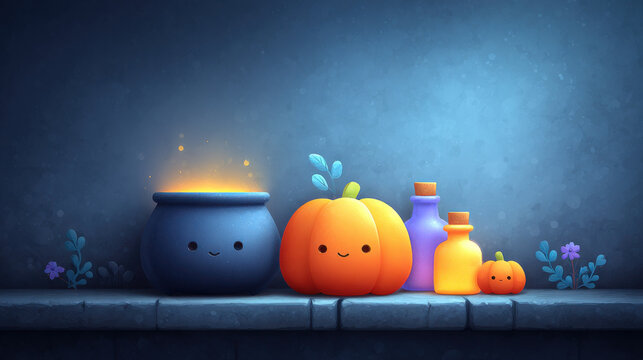 Cute Halloween scene with smiling cauldron, pumpkins, and potion bottles on stone shelf, surrounded by small flowers