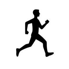 Jogging person icon, black silhouette, mid-step pose, active motion, minimal clipart