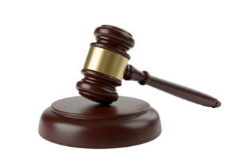 Dark Wood Gavel with Bronze Band Justice Symbol on Transparent Backdrop
