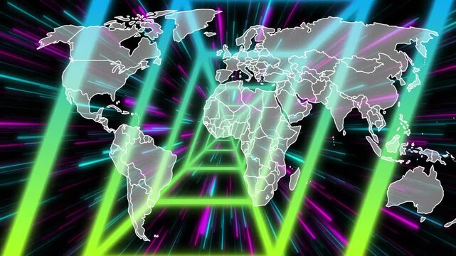 Neon frame appearing, tunnels forming, streaks shooting, world map expanding showing global network