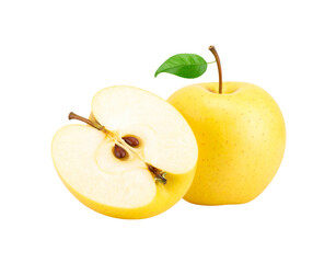 Golden Delicious Apple and Cross Section with Seeds and Leaf.