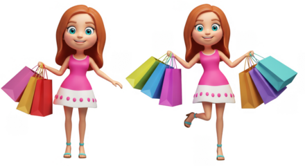 Cartoon Woman Holds Shopping Bags Happy Cheerful Fashionable Character