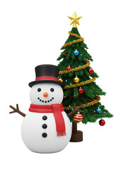 Festive 3D Snowman by Christmas Tree Holiday Season Celebration