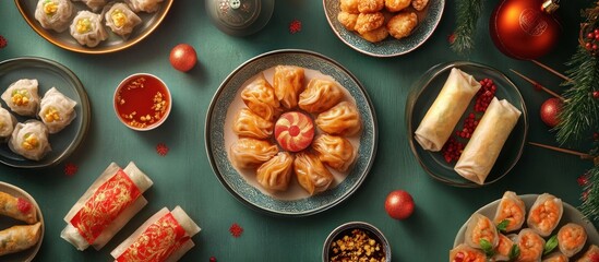 Festive Asian feast of dumplings, spring rolls, and more