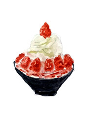 strawberry ice cream in a bowl watercolor illustration