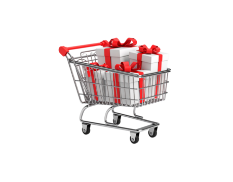 Shopping Cart Filled with White Gift Boxes and Red Ribbons.