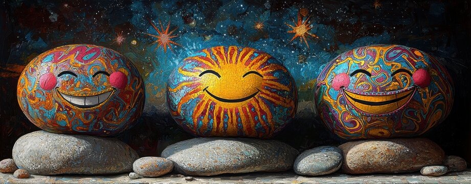 Three Happy Smiley Face Rocks Against Cosmic Background