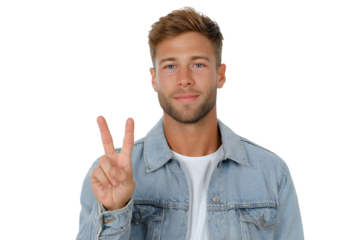 Smiling young man showing a peace sign against a transparent background, wearing a denim jacket and a white tee, silhouette