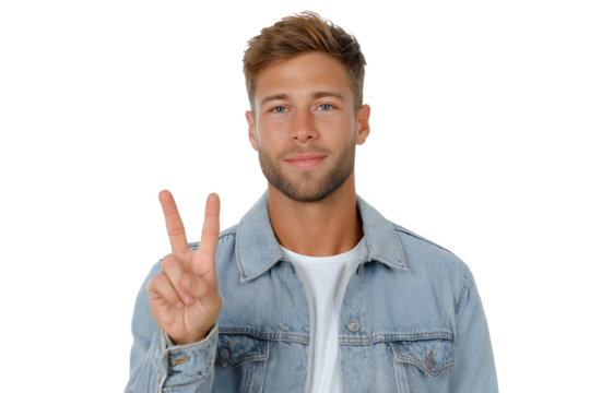 Smiling young man showing a peace sign against a transparent background, wearing a denim jacket and a white tee, silhouette