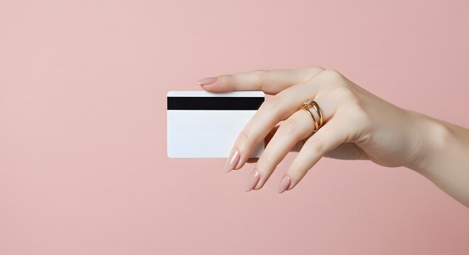 Hand holding blank white credit card against pale pink background