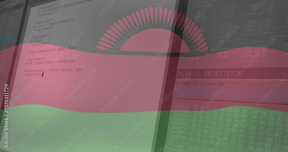 Poster flag waving over monitors revealing scrolling code editor and updating terminal for test validation