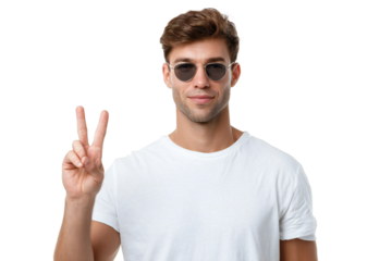 Young man with sunglasses makes peace sign against a transparent background, showing positive emotions and youthful style, silhouette