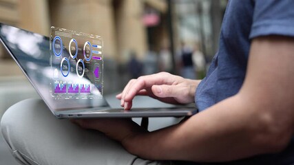 DevOps concept, software development, IT operations, agile programming, Concept with dev ops icon on computer screen and project manager, coder or sysadmin typing on keyboard, high software quality	