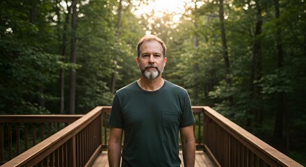 Man standing on a wooden deck in a forest