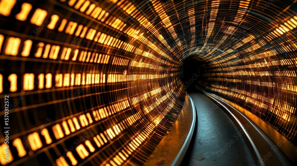 Poster data tunnel: a digital journey through a tunnel of binary code, representing the flow of information