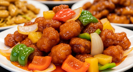 lassic Sweet And Sour Pork On A White Plate, With Crispy Pork, Bell Peppers, Onions, And Pineapple In A Glossy Sauce, Chinese Food, Asian Cuisine, Takeout Meal.